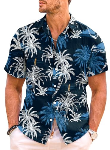 Meilicloth Short Sleeve Shirts Men Casual Hawaiian Regular Fit Button Up Floral Pattern Vacation Shirts Blue Medium(40R)