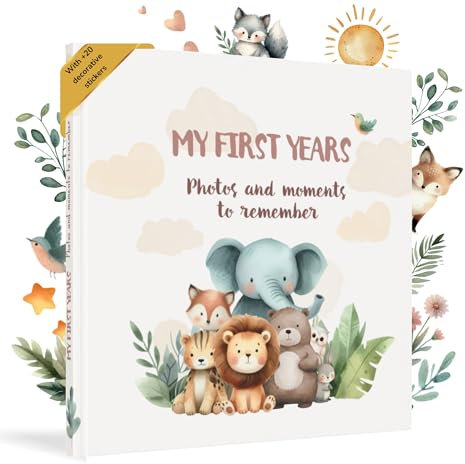 HuBorns - Mein Erstes Jahr Babyalbum bis 5 Jahre zum Einkleben von Fotos und Schreiben mit 50+ Seiten und Stickern, Fotoalbum Baby Mädchen und Jungen, Erinnerungsbuch Ideal als Geschenke zur Geburt