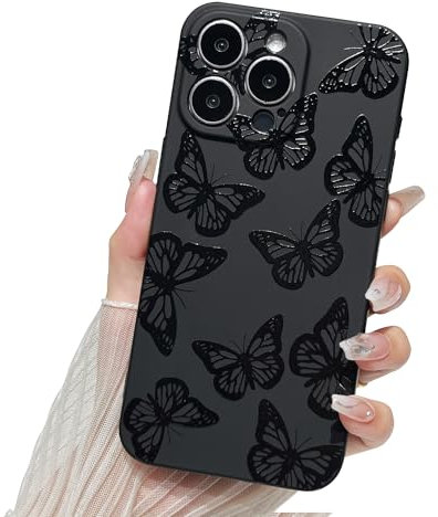 SmoBea Compatible with iPhone 15 Pro Max Case for Women, Butterfly Phone Case Cute Soft TPU Shockproof Full Camera Lens Protective Cover for iPhone 15 Pro Max 6.7 Inch - Black