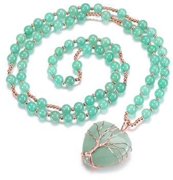 CrystalTears Green Aventurine Crystal Necklace for Women Tree Life Wire Wrapped Healing Stone Heart Pendant Necklace Reiki Gemstone Beaded Necklaces Jewellry Gifts for Women Mum Christmas