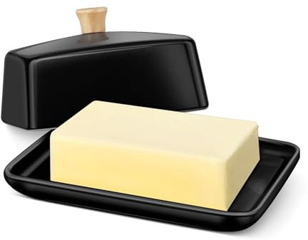 Flexzion Ceramic Black European Butter Dish with Lid for Countertop (8 Inch) - Wide 2 Stick Double Butter Holder for Counter, Cream Cheese Container Storage Keeper