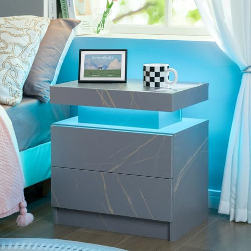 Cubehom LED Bedside Table with 2 Drawers Modern Bedside Table LED Nightstands for Bedroom (Grey Gold, 1PCS)