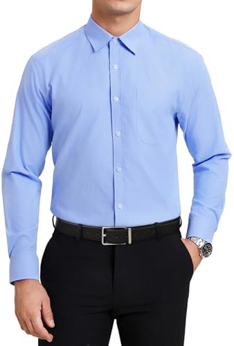 HISDERN Camicia Uomo Elegante Celeste Camicie Blu da Uomo Manica Lunga di Cotone Bottoni Regular Fit Formale Tinta Unita No Stiro con Taschino 4XL