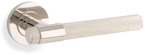 Solid Brass Knurled Door Handle Set - Polished Nickel Bar Lever Round Rose