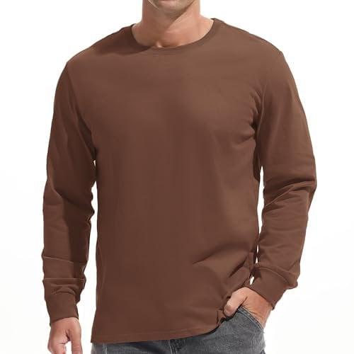 VEIISAR Men's Heavy Weight Crew Neck Long Sleeve T Shirt - Mens 100 Cotton Thick Pre Shrunk Shirts (T2L Coffee M)