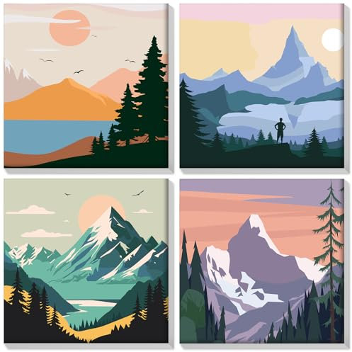 HEIBAGO 4 Pack Encadré Paint by Numbers pour Débutants, Paysage Kits de Peinture par Numéros pour Adults, DIY Montagne Peinture à l'huile par Numéros Kits pour la Décoration Intérieure Maison,8×8 inch