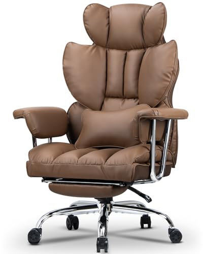 naspaluro High Back PU Leather Ergonomic Computer Recliner, Big Tall Executive Desk Office Chair with Armrests/Footrest, Comfy Heavy Duty Swivel Study Chairs, Adjustable Home Office Brown Work Chair