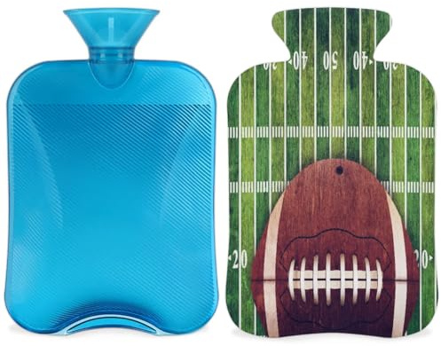Sport Football Hot Water Bottle with Cover, Football Field and Ball 2L Hot Water Bag for Pain Relief, Neck and Shoulder, Hand Feet Warmer