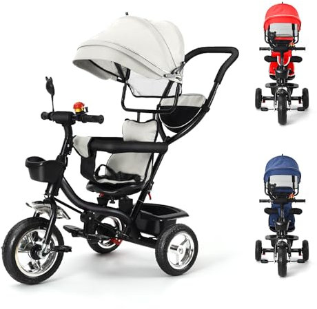 Poussette 3 Roues HUOLE, jusqu'à 25 kg, Trois Roues 3 /Pliable d'une Main/Légère - 7,5 kg/Porte Gobelet Inclus/Grande Panier -4 en 1 - gris clair