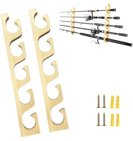 Generico Porta Canne da Pesca, 1 Coppia Supporto Canna da Pesca a Parete per 5 Canne da Pesca, Porta Canna da Pesca di Legno per Garage, Capanno e Cantina, Portacanne da Pesca