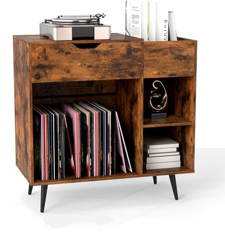 COSTWAY Record Player Stand with Charging Station, Turntable Stand End Side Table with Drawer, 3 Dividers and Shelves, Industrial Albums Vinyl Record Storage Cabinet Holder for Living Room Bedroom