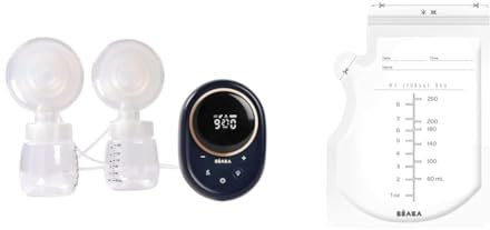 BÉABA, Set 1 Sacaleches Eléctrico Doble y 50 Bolsas para Conservar la Leche Materna, 3 Modos, 9 Niveles, 0 Ondas, Silencioso, Temporizador, Función Memoria, 6 Sesiones, Carga USB C, Night blue