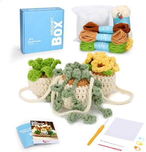 CrochetBox CROCHET BOX Komplettes Häkelset für Anfänger, Hängepflanze Häkelset, Video-Tutorial einbeziehen, Anleitung, Weiches Garn