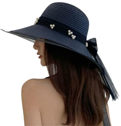 MOFFNNOL Chapeau de Paille Voyage d'été Chapeau de Paille de Voyage-Bleu Marine-M (56-58 Cm)