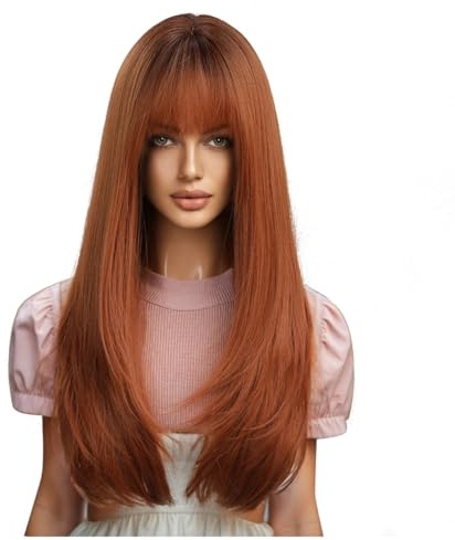 Gosera Long Wig with Bangs for Women Straight Orange Wig Layered Synthetic Heat- Chemical Fiber Wigs for Party Daily Easy Install