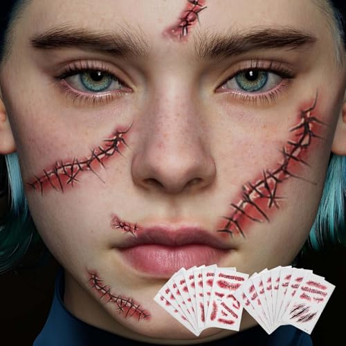 Halloween Zombie Narben Tattoos (20 Blätter) | Realistische 3D Wunden mit Kunstblut, Wasserfeste Kostüm-Makeup Aufkleber für Grusel-Partys & Cosplay