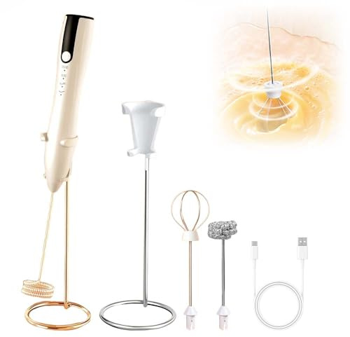 Elektrische Milchaufschäumer, Handheld Milchschäumer Stab für Kaffee, Wiederaufladbarer Milchaufschäumer, Tragbarer Mixer Milk Frother Mit 2 Ersatzköpfen für Matcha, Latte, Luna (Weiß)