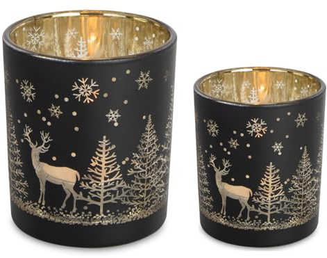 Windlicht Teelichtglas Hirsch im Winterwald, schwarz-Gold (2er Set) - Tischdeko Advent Weihnachten, Teelichthalter, Dekoglas, Winterdeko, Adventsdeko