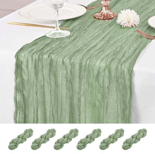 6 Pièces Chemin de Table Vert Sauge, Chemin de Table en Étamine 55x300 cm Chemins de Table en Gaze Rustique Chemins de Table Romantiques en Tissu Transparent Long pour Fête de Mariage, Fête Prénatale
