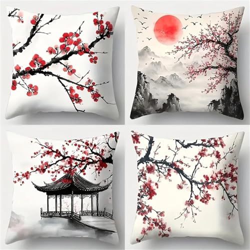 Jinmer Rot Schwarz Kissenbezug 4er Set 35x35 cm Tintenlandschaft Dekoration Samt Kissenbezüge Moderne Mode Kissenhülle für Sofa Schlafzimmer Couch Outdoor Zierkissenbezug