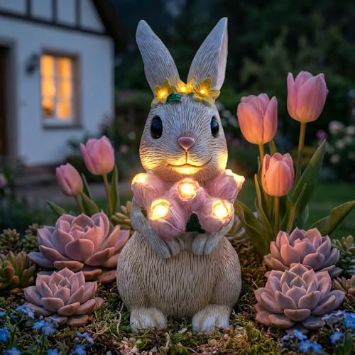 MDIOUM 2026 Solar Rabbit Statues Garden Ornaments with LED Lights | Outdoor Decoration, Art Sculptures for Patio Lawn Backyard Porch Ornaments, Yard Ornament-Unique Mother's Day Birthday Gift