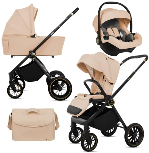 BabyLux® Kinderwagen 3in1 Set ROSSO, Faltbar Leicht Kombikinderwagen Set incl. Babywanne, Buggy Sportsitz, Babyschale i-Size, Wickeltasche und mehr Zubehör, 4 Liegepositionen, 0-22kg, UV Schutz 50+