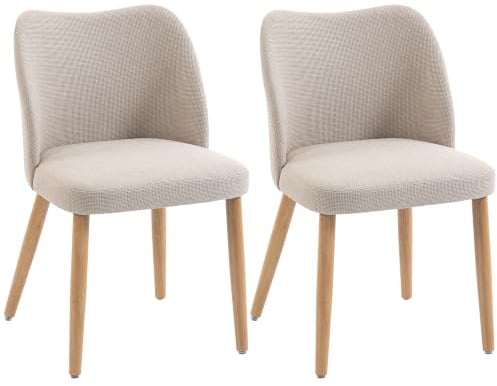 HOMCOM Set di 2 Sedie Sala da Pranzo, Sedie Cucina Scandinave, Crema | Tessuto Effetto Lino, Gambe in Legno di Caucciù, Schienale Curvo, Sedia Imbottita, Cucina, Camera da Letto, Soggiorno