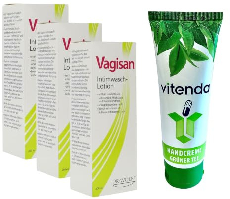 vitenda Set: Intimwaschlotion zur sanften Reinigung mit Vagisan, mit Milchsäure und Kamille, pH 5, 3x200ml – inkl. vitenda Handcreme