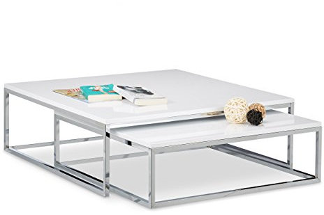 Relaxdays Couchtisch Holz FLAT 2er Set weiß lackiert HBT 27 x 80 x 80cm großer Wohnzimmertisch passt ineinander als Satztisch flacher Beistelltisch mit Chrom-Metall als Sofatisch und Kaffeetisch, weiß