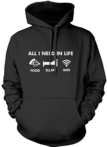HotScamp All I Need In Life Food Sleep WIFI Unisex Adults and Kids Hoodie - Funny Millenial Teenager Gamer Lazy Black Medium