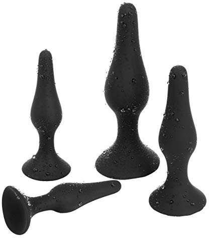 Belmalia 4x Plug Anali con Ventosa Forte, Dildo Silicone per Giocattolo Erotico Liscio e Flessibile, S + M + L + XL, Butt Plug Nero
