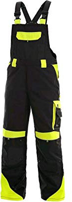 CANIS CXS Sirius Brighton Arbeitslatzhose Herren Arbeitshose reflektierend Latzhose Schutz für Maler Stuckateur Monteur Gärtner Mechaniker Cargohose große Taschen Damen Hose; schwarz mit gelb; (54)
