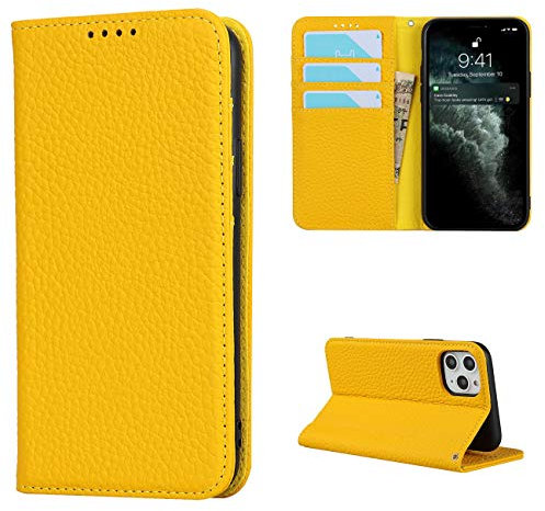 Copmob Phone Case iPhone 11 Pro Max,Flip Genuine Leather Wallet Case,[4 Slots][Magnetic closure][With Lanyard],Protective Cover Case for iPhone 11 Pro Max - Yellow