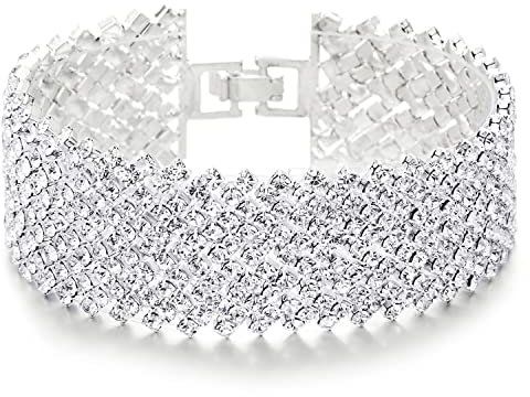 COOLSTEELANDBEYOND Funkelnd Damen Strass Pflastern Pave Cluster Breiten Armband Bettelarmband, Bling Bling