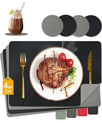 HELI MIAO Platzsets Abwaschbar,Tischsets Abwischbar,Tischset Leder,Hitzebeständig Doppelseitigen I 4er Set Platzdeckchen Kunstleder mit Untersetzer,Tischuntersetzer rutschfest,Platzdecken,Schwarz+grau