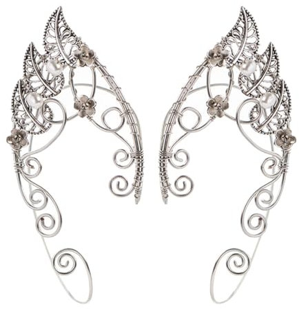 USHOBE 1 Paar Elf Ohrmanschetten für Frauen Handgefertigtes Clip- auf Elfenmanschette Wrap Ohrringe Perlenperlen Flügel Ohrring Non Piercing Ohrclip für Fairy Halloween Kostüm Cosplay