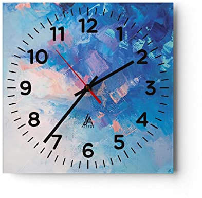 Modern Wanduhr Abstraktion blau gemalt 40x40cm Quadrat Groß Wand Uhr Glas Analog Zimmeruhren Küche Büro Wohnzimmer Glasuhr Wall Clock Dekoration Design Wanddekoration Küchenuhr C4AC40x40-4570