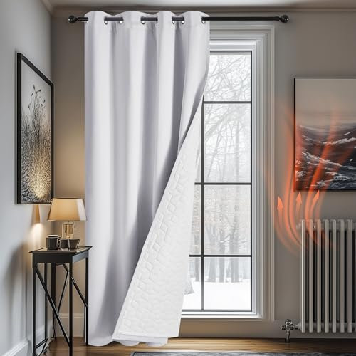 Deconovo Door Curtain Thermal, Room Darkening Blackout Curtain 90 Inch Drop, Eyelet Curtain with Thick Microfiber Liner, Windproof Noise Reducing Silver Grey Curtain for Room Window, 52x 90, 1 Panel