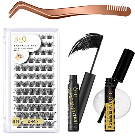 B&Qaugen Wimpern Einzeln Set mit Kleber Lash Clusters Kit Einzelne Wimpern Set mit Kleber B07 Wimpernkleber und Remover Set Satz (B02-Set)