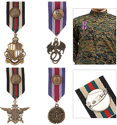 AHANDMAKER 4 Pcs Costume Insigne Militaire Médaille, Militaire Héros Combat Médailles Broche Marine Insigne Militaire Patriote Broche Pin Stripe pour Femmes Hommes Soldat Manteau Veste Uniforme