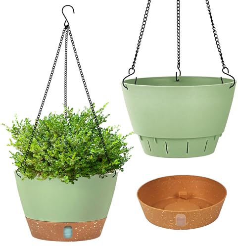 Evoio 2 Pack Hanging Plant Pot, 25CM Self Watering Flower Pots Hanging Plant Basket for Plants Flowers with Visible Water Level Tray Drainage Holes Removable Tray for Indoor Outdoor Plants(Green)