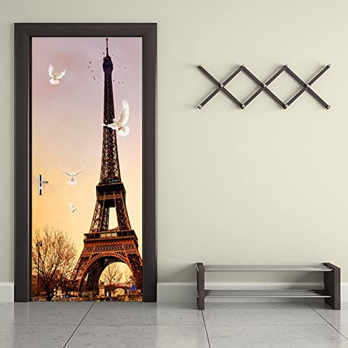 3D Türtapete Selbstklebend TürPoster Sonnenuntergang Eiffelturm Türaufkleber Fototapete Abziehen und Aufkleben Türfolie Tür Tapete B90 x H200cm