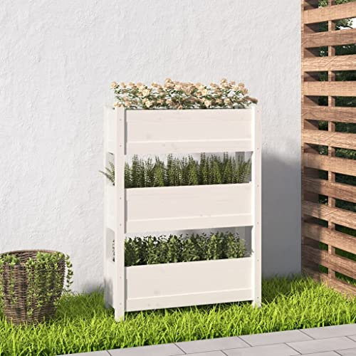 FIRBNUS Jardinière blanche 77 x 25 x 104,5 cm en pin massif - Jardinière surélevée - Dispose de 3 pots de fleurs - Grand espace de stockage et de plantation de légumes, fleurs et plantes