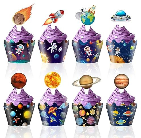 48 Stück Cupcake Topper und Wrapper, Weltraum Party Dekorationen, Astronauten, Raketen, Satelliten, Planeten, Muster, Weltraum, Galaxie, Kuchendekorationen, Zubehör für Kindergeburtstag Babyparty