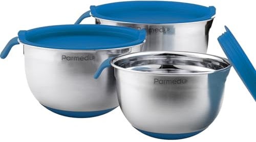 Parmedu Mixing Bowl Set with Airtight Lids: 3 Premium Stainless Steel Nesting Storage Bowls with Handle, Pour Spout, Scale Marks & Non-slip Bottom, Size 3, 2.5, 1,5L/QT - Great for Baking and Cooking