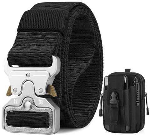 BESTKEE Taktischer Gürtel, 3,8 cm Militär Arbeitsgürtel, Schwerlast Nylon Schwarz Gürtel mit Schnellverschluss-Metallschnalle, Geschenk mit Taktischem Molle-Beutel für Outdoor Jagen