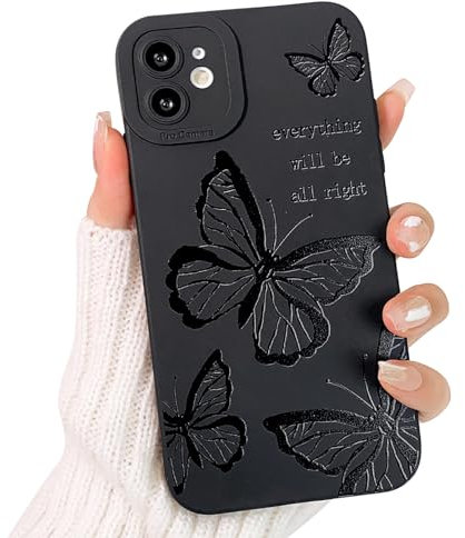 NITITOP Compatible for iPhone 12 Case Cute Cool Butterfly Black Design for Girls Women Soft TPU Shockproof Protective Phone Cover Girly - Four Butterflies