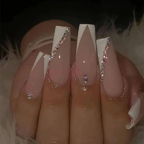 24pcs French Tip False Nails Long Coffin Press on Nails White Edge Fake Nails Glue on Nails with Rhinestones Removable Stick on Nails Fake Nails Women Girls Nail Art Accessories