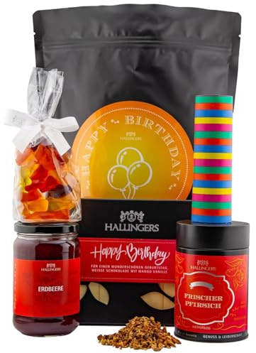Hallingers Genuss Manufaktur Feinkost Geburtstagsgeschenk-Set - XXL-Wundertüte Happy Birthday ... großer Geburtstagsgruß Konfitüre, Eistee, Schoki, Fruchtsaftbären & mehr, Geschenke für Frauen