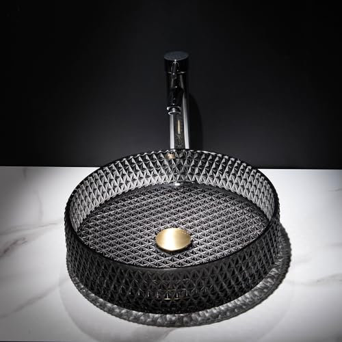Homary Lavandino rotondo da bagno da 39 x 11 cm, in cristallo trasparente, a forma di diamante, soprapiano, lavabo in vetro nero per bagno, con scarico pop-up